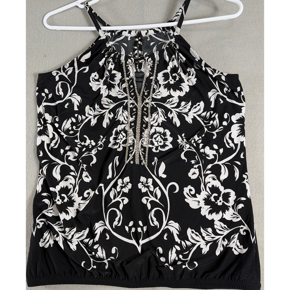 Black White Floral Damask Halter Top Rhinestone Chain Neck Bubble Hem Large